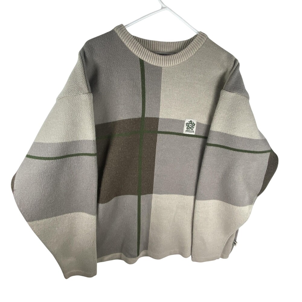 Mecca Sweater Mens 2XL Beige Acrylic Wool Crewneck Plaid Knit Pullover Warm